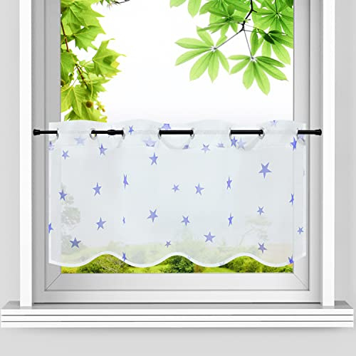 HeichkelL Scheibengardine Voile Sterne Muster Kurzstores Transparent Bistrogardine Landhausstil Kleinfenster Gardine mit Ösen Blaue Sterne BreitexHöhe 90x45 cm