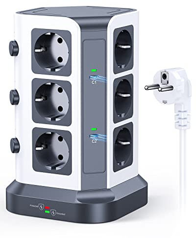 KOOSLA Regleta de 12 enchufes (65 W, USB C), protección contra sobretensiones, con 2 Puertos PD múltiple Compatible con PD3.0/PPS, Torre con 3 USB A (3680 W/16 A), 2M Cable