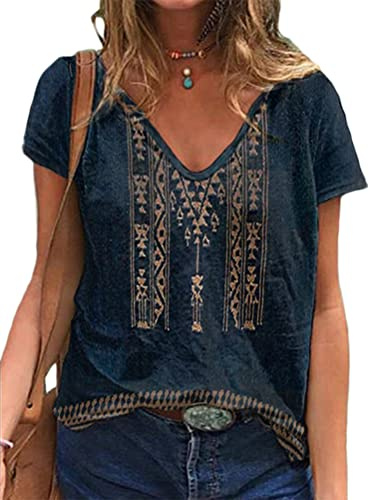 Onsoyours T-Shirt à col en V pour Femme Imprimé Ethnique Col Rond Manches Courtes Chemisier d'été Basique Imprimé Décontracté Blouse Basique B Bleu Foncé S