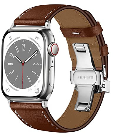 Bracelet en Cuir pour Bracelets Apple Watch 38mm 40mm 41mm, Bande en Cuir avec Boucle Papillon en Métal pour iWatch Series 8 7 6 5 4 3 2 1 SE Ultra, Marron avec Boucle Argentée