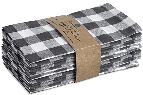 FINGERCRAFT Cloth Napkins, Everyday Use, Premium Quality, Cotton Buffalo Plaid, Set of 12, 20X20 Inch Oversized Napkins Cloth Mitered Corners, Soft, Durable Hotel Quality Charcoal White Checkered
