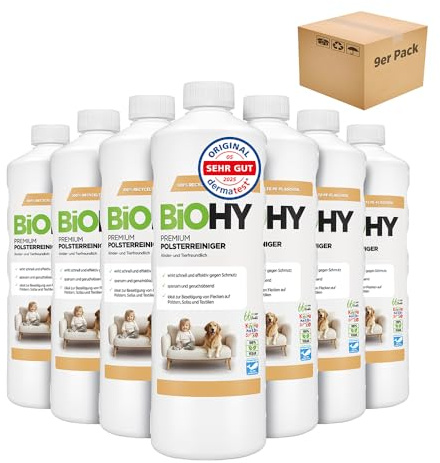 BiOHY Premium Polsterreiniger (9 x 1 Liter) | Bio Konzentrat für Polstermöbel, Sofas, Teppiche & Textilien | für Nasssauger & andere Geräte geeignet | geruchslösender Fleckentferner