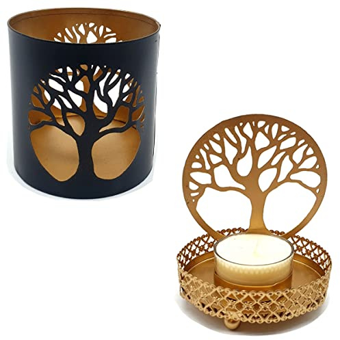 Reflektierendes Teelichthalter-Set [Baum des Lebens] | Kerzenhalter aus Messing | Größe 9 x 9 cm und 11 x 7 cm