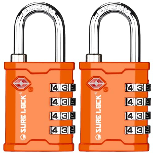 SURE LOCK TSA Approved 4 Digit Combination Lock, Heavy Duty Padlock with Red Dot Indicator for Gun Cases, Pelican Cases, Tool Boxes, Gym Lockers, Storage Units & Outdoor Gates (2, Orange)
