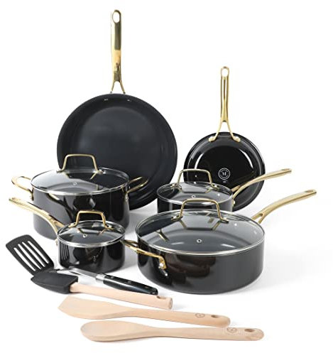 Martha Stewart 14 Piece Premium Non-Stick Heavy-Gauge Aluminum Cookware Combo Set (Pots, Pans, and Tools) - Black w/Gold Handles
