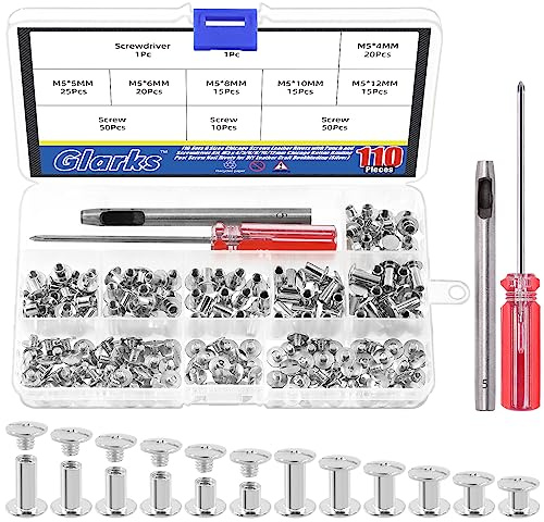 Glarks Chicago-Schrauben, Ledernieten mit Stanzer und Schraubendreher-Set, M5 x 4/5/6/8/10/12 mm, Nagelnieten für DIY-Lederhandwerk, Buchbinderei, 6 Sets