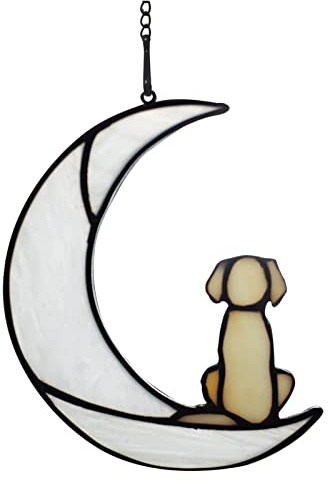 Buntglas-Haustierhund-Gedenkgeschenke für Hundeliebhaber, Sonnenfänger für Fensterpaneele, Halloween-Ornamente, Hund auf Mond-Kunst-Sonnenfänger, Buntglaspaneel-Wandfensterdekoration(Weiß Gelb)