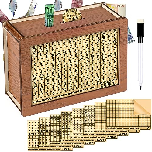 Meetory Spardose Holz, Wiederverwendbare Spardose Mit Sparziel, Geld Sparen Box mit Zahlen Ankreuzen für Hilft Erwachsene und Schüler Die Gewohnheit Zum Sparen Zu (500€-10000€)