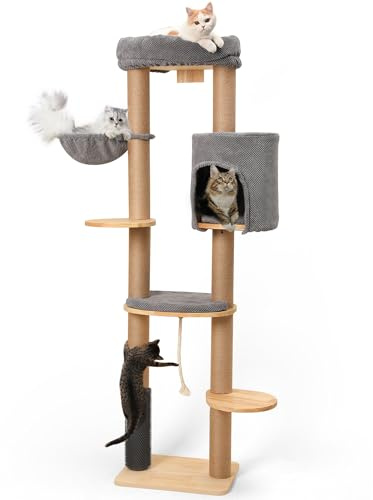 FUKUMARU Kratzbaum für Katzen,188 cm Wandmontage, Katzenbaum mit Katzenbett, Kratzpfosten, Katzenbürste und Kratzmatte aus Jute, aus natürlichem massivem Gummibaumholz, dunkelgrau