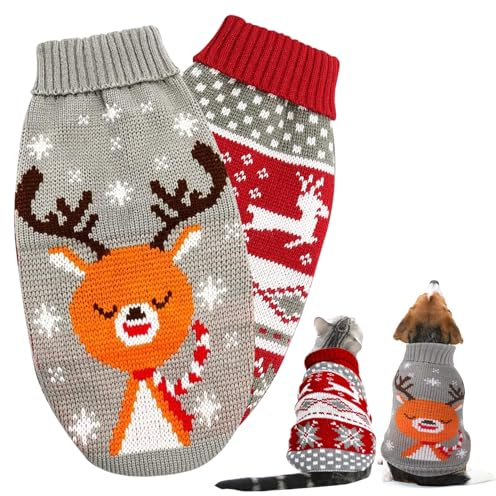 2 Stück Weihnachts Katze Hunde Pullover,Hundekostüm Weihnachten,Rollkragen Strickpullover Schneeflocken Rentier-Motiv Hunde Pullis,Winter Warme Pullover für Katzen,Kleine,Mittlere und Große Hunde (XL)