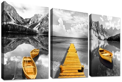 HALFLEMART 3 Pcs Grau Gold Boot Mit Rahmen Leinwand Bilder Berge und Seepanorama Bild auf Leinwand Malerei Poster Wandbilder Speisesaal Wohnzimmer Schlafzimmer Wanddekoration 90x40cm (12x16x3pcs)