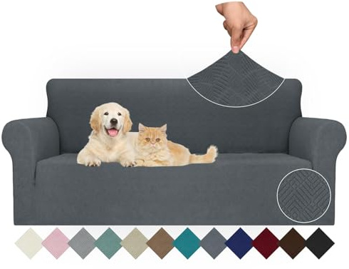 Ystyle Stretch Sofa Überzug 3 Sitzer, Sofabezug rutschfest Mit Armlehne, Elastische Couch Überzug Jacquard, Universal Sofa Cover Moderne, Sofaschoner Hund Katze Für Wohnzimmer, Dunkelgrau