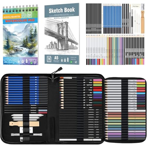 KOMLISATS 73-teiliges professionelles Zeichenset – Komplettes Skizzier-Set mit Bleistiften, Kohlestiften, Spitzer und Radiergummi – Ideales Kunstzubehör für Künstler, Anfänger und Erwachsene