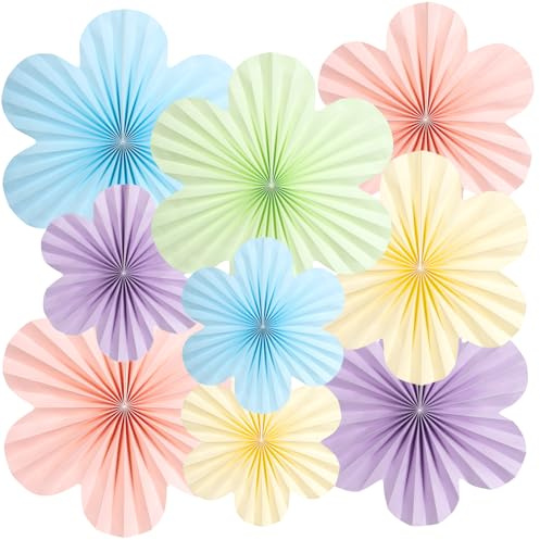 SUNBEAUTY Pastel Paper Flowers Decorations for Wall, Hanging Paper Fans Paper Floral Backdrop Decor Paper Fans Decoration Mothers Day Birthday Wedding Baby Shower, Set of 9