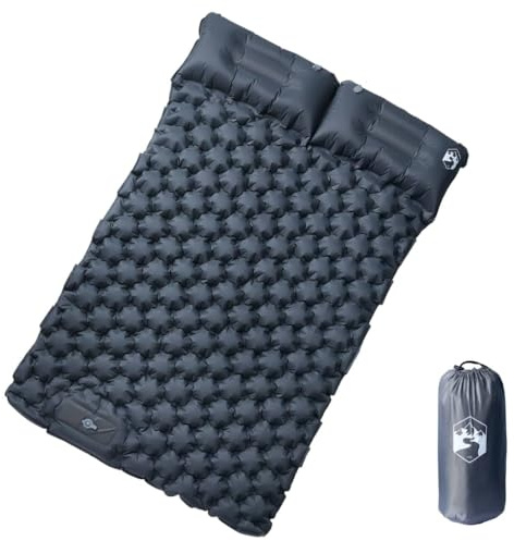 vidaXL Doppel Isomatte, Luftmatratze mit Integriertem Kissen Fußpumpe, Campingmatte Tragbar Selbstaufblasend, Schlafmatte, Grau 40D-Nylon