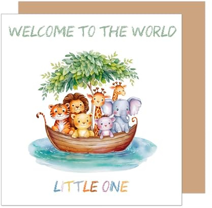 Edition Seidel Tarjeta de felicitación cuadrada premium para nacimiento con sobre, tarjeta de felicitación para bebé, Billet Hello Baby Niño Niña Arca Animales Little One (EQ113 SW024)