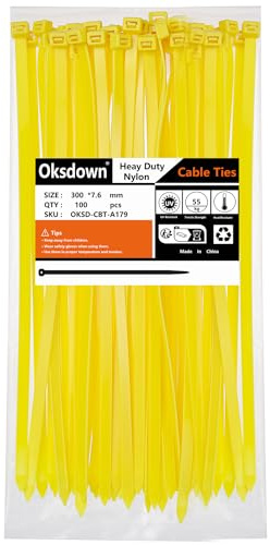 Oksdown 100 Pack Thick Yellow Plastic Cable Ties 300mm×7.6mm Heavy Duty Nylon Garden Long Zip Tie Multi Purpose Premium 12 inch/30 cm Tie Wraps
