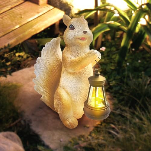 lifemet Solar Powered Squirrel Garden Ornaments Outdoor - Resin Squirrel Garden Statue Animal Figurine Light Water Feature, Novelty Bunny Features Outside Accessories Waterproof, Gifts for Women/Mom