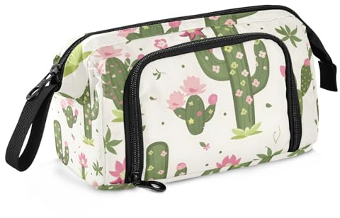 Mnsruu Federmäppchen mit großem Fassungsvermögen, grüner Kaktus und rosa Blumen, Stiftebeutel, Schreibwaren-Tasche, Schule, Uni, Büro, Organizer für Teenager, Erwachsene, Studenten, Grüner Kaktus und