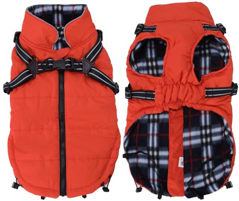 babepet Warm Pet Dog Coats with Harness,Waterproof Small Dog Jacket Coat,winter Dogs Clothes with Chest Strap,Zip Up Puppy Coat for Outdoor Walking-Orange-M