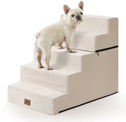 COZY KISS Dog Stairs for Small Dogs, 5 Tier Removable Wider Pet Stairs for Couch and Bed, 23.6 H Non-Slip Dog Steps for Puppies and Old Cats with Support Board, 19.7x29.5x23.6 inch, Beige