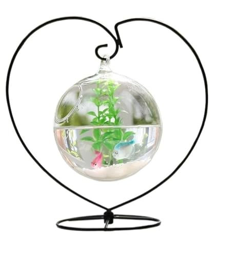 Fischschale Kleines hängendes Aquarium, einzigartiger Metallrahmen, herzförmiges Design, hängendes sphärisches Glas-Aquarium, Schreibtisch-Dekoration Aquarium für