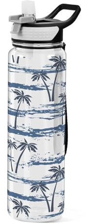 Mnsruu Bouteille d'eau de sport en Tritan sans BPA avec paille - Motif palmier et rayures bleu marine - 1 l - Pour homme, femme, enfant