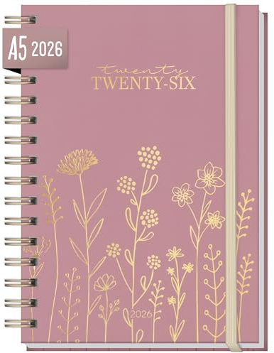 Häfft® Internationell kalender 2026 A5 Fine Flowers rosé med spiralbindning på språken: EN/FR/IT/ES - personlig organiserare, timer, ringkalender, livsplanerare - hållbar & klimatvänlig