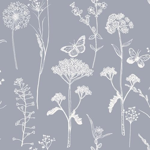 Timeet Selbstklebende Tapete Blumen Grau Schmetterling Blumentapete Vintage 44x300cm Klebefolie Selbstklebend Vinyl Wasserdicht Möbelfolie Wandpapier für Wohnzimmer Schlafzimmer Küche Wandschränke