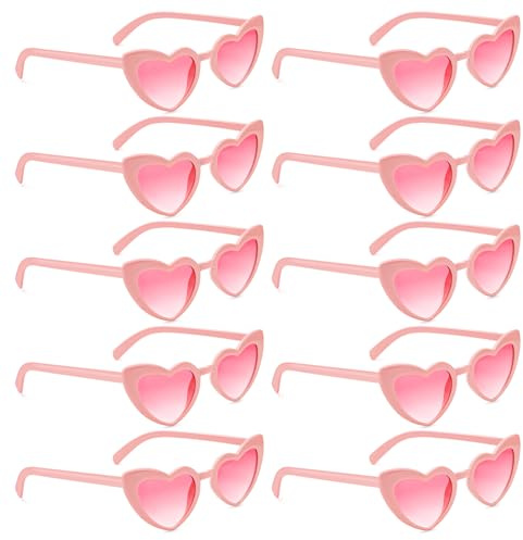 BINYI Herz Sonnenbrille Partybrille Set Herzform Brille JGA Brillen Herzbrille 90er Jahre Hippie Herzförmige Brille Herzchen Brille für Party Hochzeit Karneval Halloween 10 Stück (Rosa)
