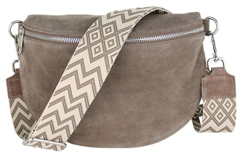 MIRROSI Damen Bauchtasche aus Wildleder, Made in Italy. Als Umhängetasche, Brust- oder Schultertasche tragbar, 26x20x8 cm, Reißverschlussfach hinten.