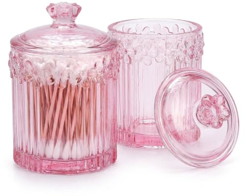 RUIAN 2 Pack Glass Apothecary Jars with Lids, Pink Bathroom Canisters for Qtips, Cotton Balls, Floss Picks, Vanity Storage Organizers