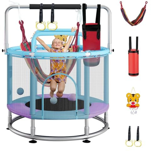 Trampolin für Kinder, Kindertrampolin mit umlaufendem Netz und verstellbaren Turnstangen für drinnen, draußen für Kinder, Junge, Mädchen, 140cm