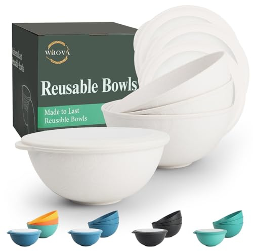 Wrova Bolws Set with Lid - Salad Bowls Plastic Bowls Set 40 oz Unbreakable Bowls for Kitchen | Set of 4 | Reusable Deep Bowl Set, Microwave and Dishwasher Safe Bowl - White