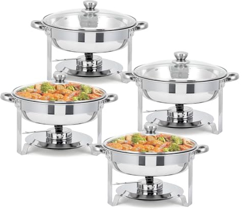 Stainless Steel Round Chafing Dish Buffet Set - Insulated Buffet Warmer with Glass Lid, Durable Food Warmer for Parties, Stackable Containers, 4PCS
