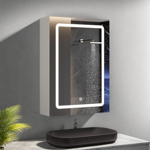 Poeahu Badezimmerschrank mit Spiegel, einfache Tür, 70 x 14 x 50 cm, Spiegelschrank mit verstellbarem Regal, Farbtemperatur verstellbar, Schalter mit Touch-Sensor, Weiß