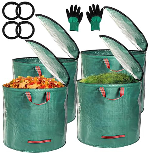 LOLYSIC 4 X 500L Gartenabfallsack mit Deckel inklusive Handschuhe, Säcke für gartenabfälle und 4 Griffen, Grünschnittsack Stabil Selbststehend, Gartensack Groß Laubsäcke für Gartenabfälle
