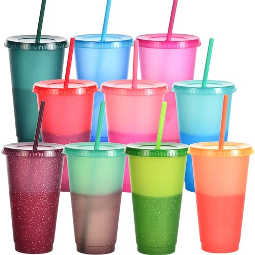 Yisituo Lot de 10 gobelets de 710 ml, avec couvercle et paille, gobelets en plastique réutilisables pour enfants, pour fêtes, smoothies et voyages (10, paillettes)