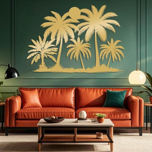 Decorazione da Parete in Metallo per Soggiorno, Moderna Palma con Tramonto, Palma Tropicale, Tropicale, Sole, Spiaggia, Alberi costieri appesi (Oro, 41x29/10