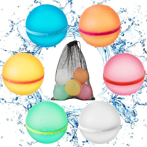 6 Stück Wasserbomben Wiederverwendbar, Selbstschließende Silikon Wasserbomben mit Mesh Tasche, Wasserbombens Set, Geeignet für Kinder, Erwachsene, Strand, Poolparty