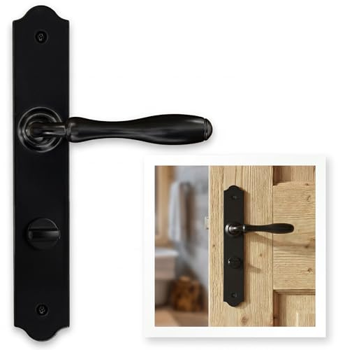 ERGO line CHALET Schwarz – Türbeschlag im Landhausstil, rustikale Türgriffe für Badtüren WC 78 mm, Retro Langschild-Drückergarnitur, Türklinke Schwarz, klassischer Türdrücker