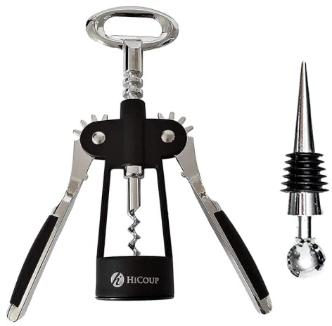 HiCoup Corkscrew Wine Opener - Ergonomic, Double Winged Beer and Wine Bottle Openers - Easy to Use, Stainless-Steel Corkscrews with Stopper & Gift Box - Kitchen Accessories - Matte Black