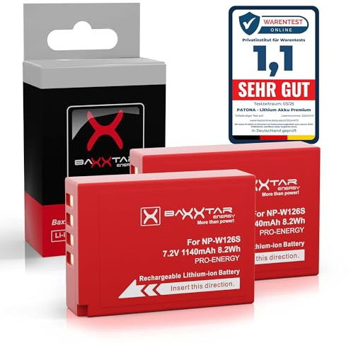 Baxxtar Pro NP-W126s NP-W126 Batteria 2x (reale 1140mAh) compatibile con Fujifilm X100F X100V X100VI X-A5 X-A7 X-E4 X-M5 X-Pro2 X-S10 X-T3 X-T10 X-T20 X-T30 X-T50 X-T100 X-T200 ecc.