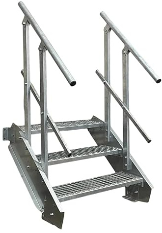 3 Stufen Stahltreppe mit beidseitigem Geländer/Breite 70cm Geschosshöhe 40-60cm / Robuste Außentreppe/Wangentreppe/Stabile Industrietreppe für den Außenbereich/Inklusive Zubehör