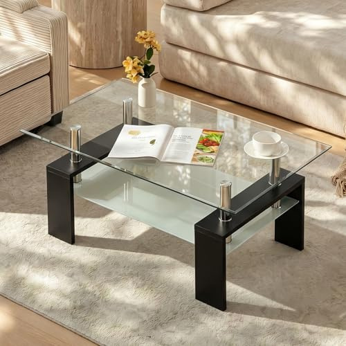 TUKAILAi Rectangle Glass Coffee Table Modern Side Table with Lower Shelf Chrome and MDF Wood Support for Living room Guest Reception Room, Black