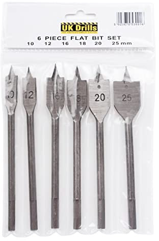 UK Drills 6 x Flat Bit Set, 10/12/16/18/20/25mm, Wood Fully Hardened Woodworking, Flat Wood Spade Bits Compatible with Bosch Dewalt Makita Milwaukee and Others