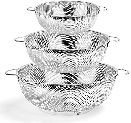 HaWare Sieb, Edelstahl Küchensieb Nudelsieb 3er Set mit Griff, Mikroperforiertes Abtropfsieb Seiher zum Ablaufen & Spülen für Küche/Nudel/Gemüse/Obst/Reis, Spülmaschinenfest - (16/22/28cm)