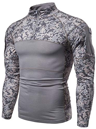 Herr 1/4 dragkedja taktisk långärmad skjorta militär stil stridsskjorta med fickor airsoft topp utomhuskläder för jakt camping vandring, Grå kamouflage digital, XXL