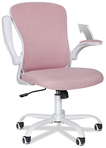 Fullwatt Office Desk Chair, Flip-Up Armrest Ergonomic Lumbar Support Pink | Fabric Computer Gaming Chair, Swivel Task Chair with Castors, Saving Space Height Adjustable Mid-Back Support, For Home Study