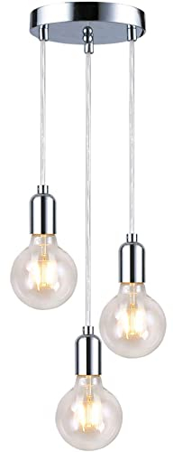 HTRUIYATY Lampada a Sospensione 3-testa E27 Metallo Apparecchio a Sospensione con cavo regolabile da 1,2 Metro per cucina bar ristorante lampadario a soffitto-Argento